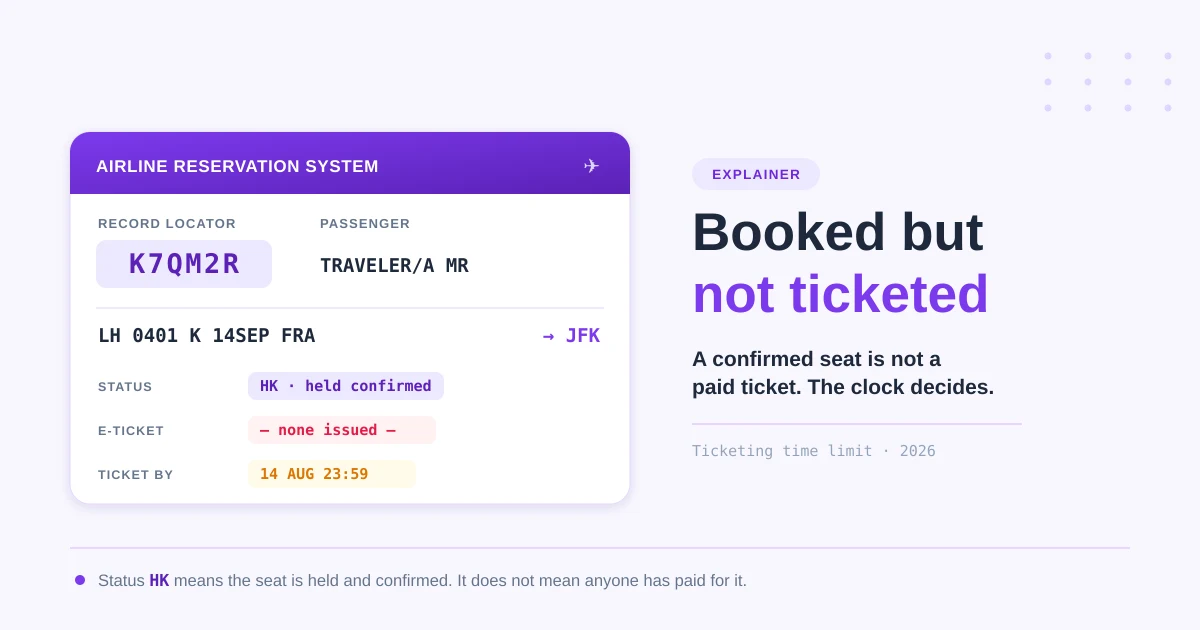 Airline reservation system card showing record locator K7QM2R with status HK held confirmed, no e-ticket issued and a ticketing deadline of 14 August