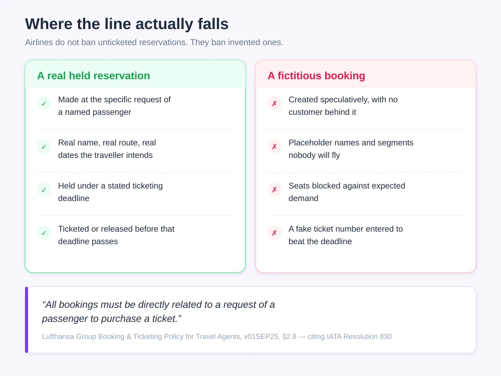 Two-column comparison of a real held reservation versus a fictitious booking, with the Lufthansa Group policy quotation that all bookings must be directly related to a request of a passenger to purchase a ticket