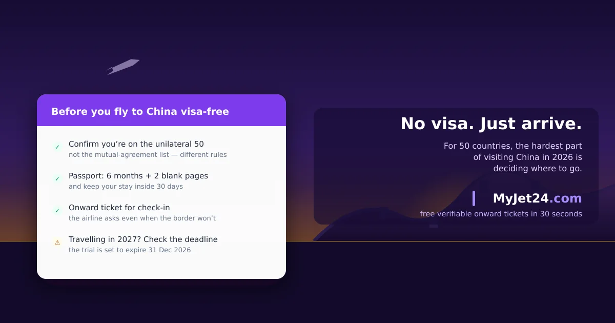 China 2026 visa-free entry checklist at sunset over the Great Wall — passport valid six months, 30-day stay, onward ticket for check-in, and the 31 December 2026 deadline to watch
