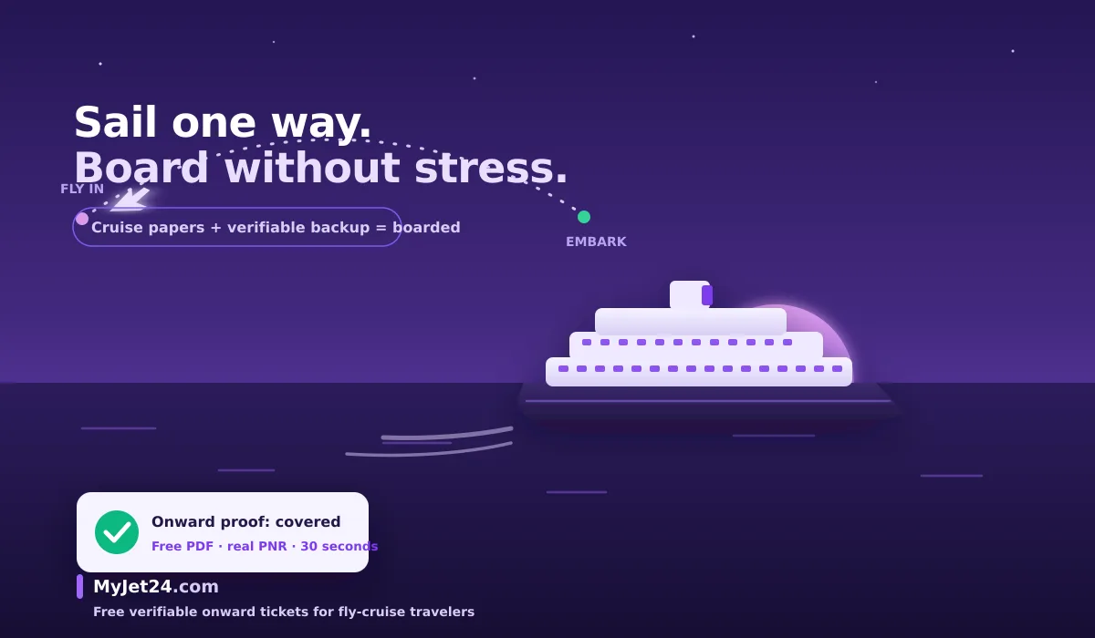 One-way fly-cruise route map at dusk — flight into the embarkation port, cruise ship departing to a foreign port, onward documents confirmed for both airline and immigration