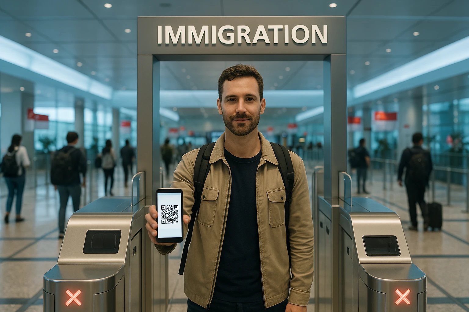 Traveler at Singapore Changi Airport immigration e-gate holding phone with QR code — Singapore entry requirements FAQ 2026