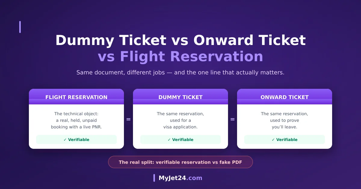 Dummy ticket vs onward ticket vs flight reservation compared — three travel documents side by side with their verifiability, cost and acceptance for visas and airline check-in