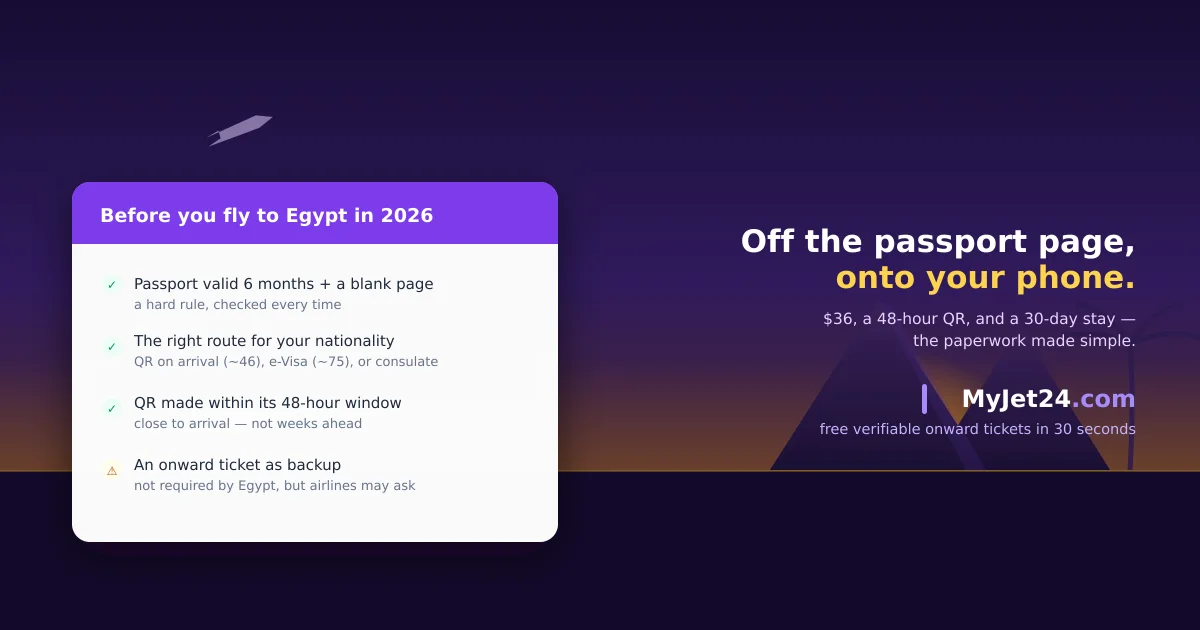 Egypt 2026 entry checklist at sunset over the pyramids — passport valid six months, the $36 QR visa generated within 48 hours, and a confirmed onward ticket as backup