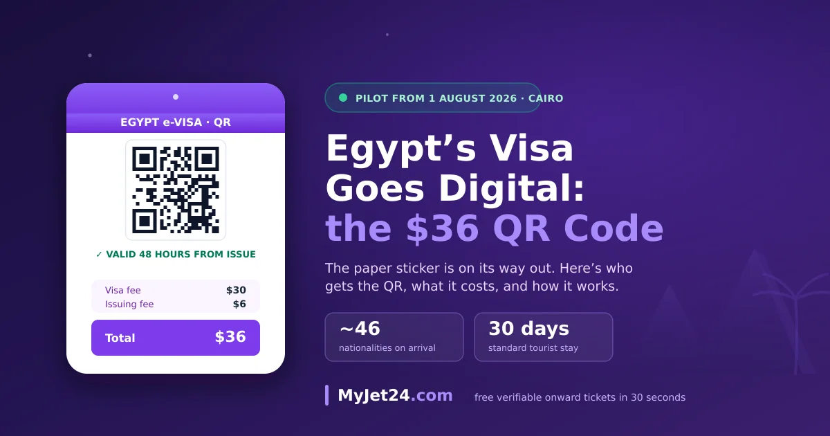 Egypt digital visa-on-arrival 2026 — the $36 QR-code visa shown on a phone at Cairo airport, with the $30 visa fee plus $6 issuing fee and the 1 August pilot launch