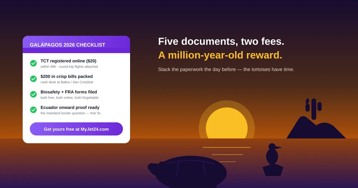 Sunset over a Galapagos bay with a giant tortoise and blue-footed booby silhouettes and a 2026 checklist — TCT registered, park fee cash ready, biosafety filed, round-trip booked