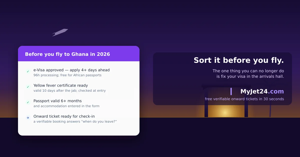 Ghana 2026 entry checklist at sunset over Accra's Independence Arch — e-Visa approved, yellow fever certificate, passport valid six months and an onward ticket ready