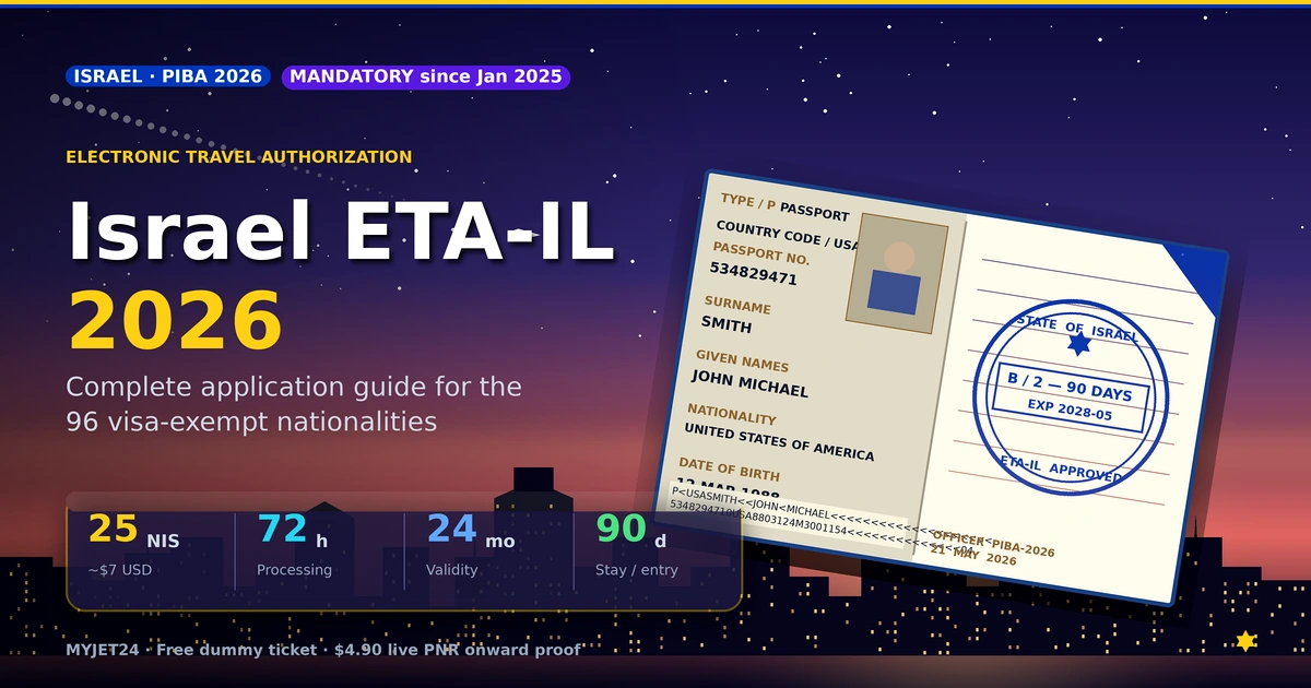 Israel ETA-IL 2026 — Electronic Travel Authorization with State of Israel approval stamp, 25 NIS fee, 72-hour processing, 2-year validity