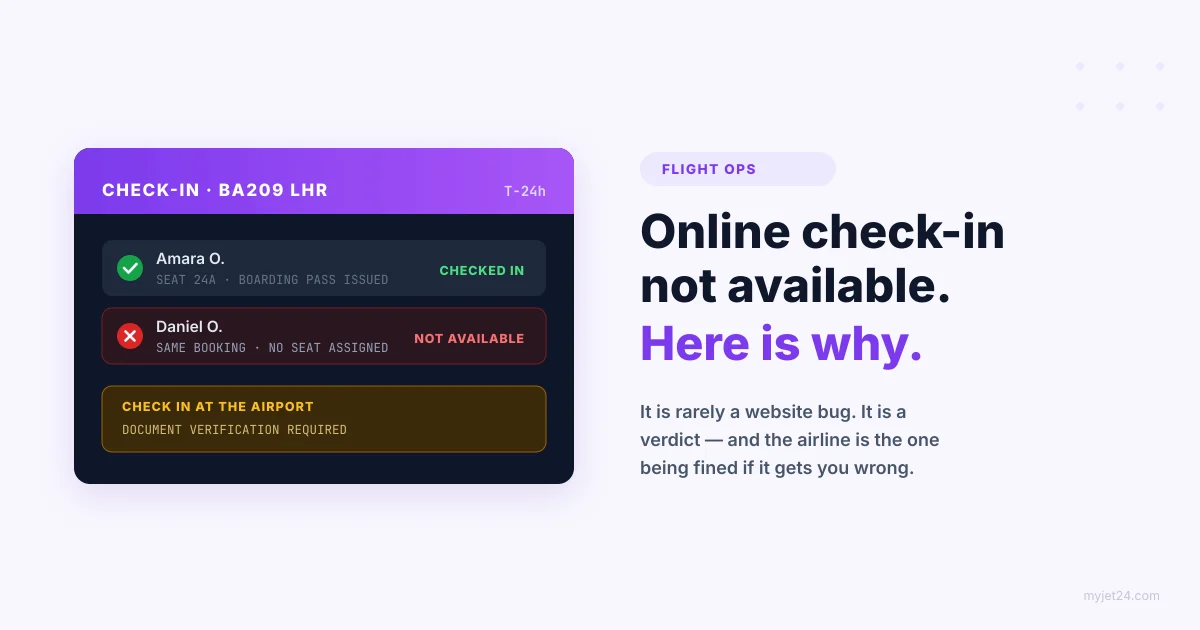 Airline check-in screen showing one passenger checked in with a seat assigned and a second passenger on the same booking blocked with a check in at the airport message and a document verification notice