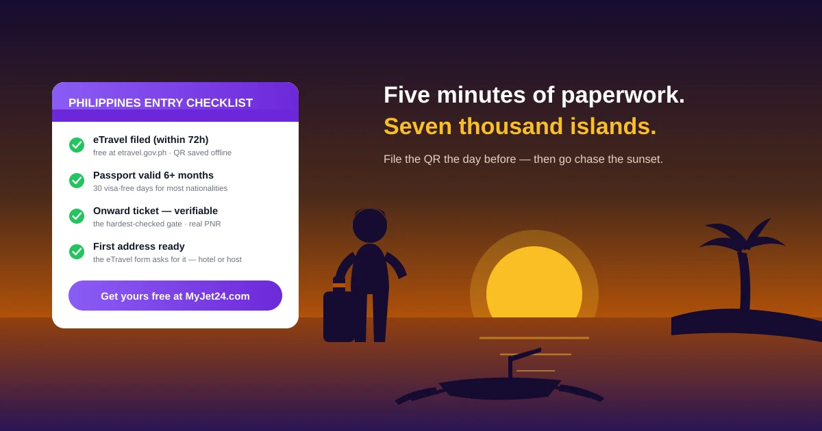 Sunset over Manila Bay with an island-hopping boat and a Philippines entry checklist — eTravel filed within 72 hours, passport valid, onward ticket ready, QR saved offline
