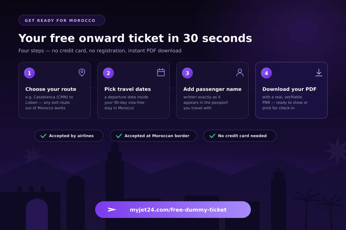 How to get a free onward ticket for Morocco in 30 seconds — choose route, pick dates within 90 days, add passenger name, download PDF with verifiable PNR