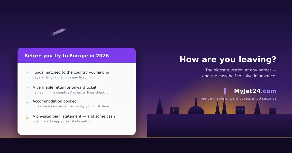 Schengen entry checklist for 2026 — funds matched to the country, a verifiable onward ticket, accommodation booked and a physical bank statement, over a European skyline at sunset