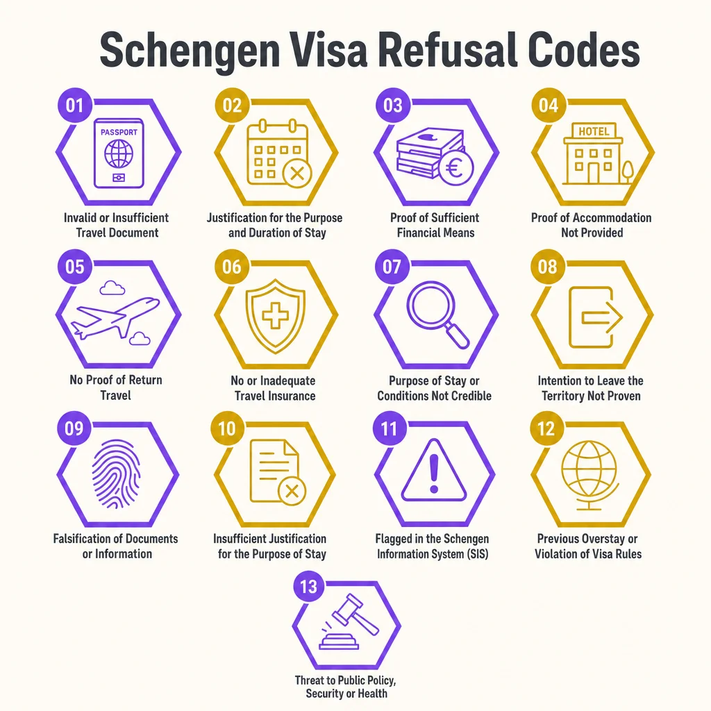 13 Schengen visa refusal codes explained — infographic of Article 32 and Article 21 grounds