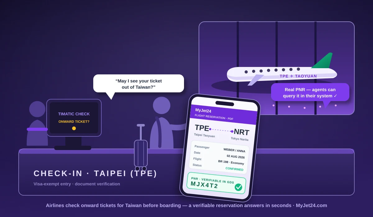 EVA Air and China Airlines check-in agents verify onward tickets for Taipei flights — a traveler shows a flight reservation PDF with verifiable PNR on their phone at the counter before boarding to TPE