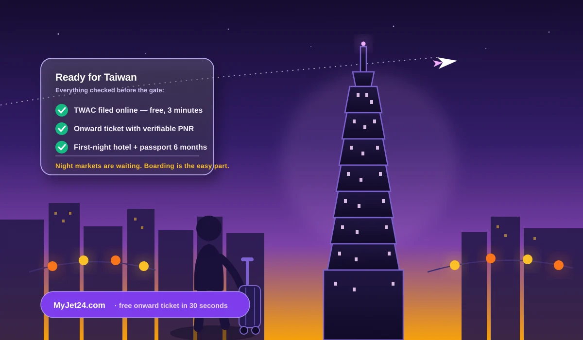Ready for Taiwan in 2026 — TWAC filed online, verifiable onward ticket saved on phone, Taipei 101 skyline at dusk as a traveler heads to the gate