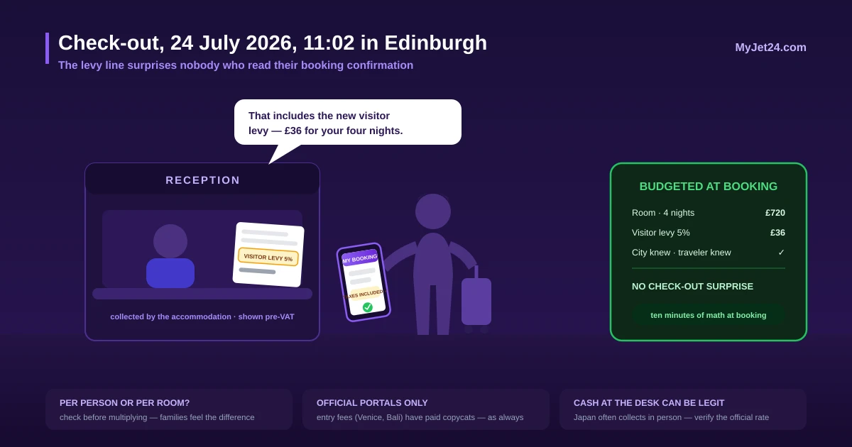 Hotel check-in in 2026 — the receptionist points out the visitor levy line on the bill while the guest's booking app shows the tax included in the total