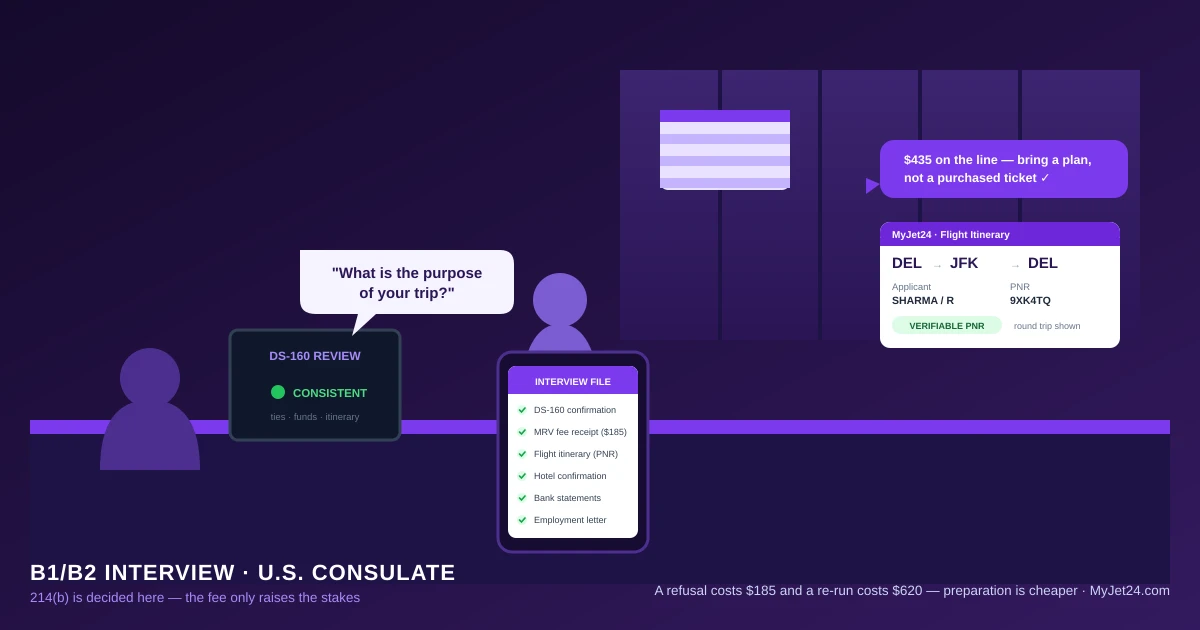 B1/B2 interview preparation with the $435 total at stake — complete documents, consistent DS-160, verifiable flight itinerary instead of a purchased ticket