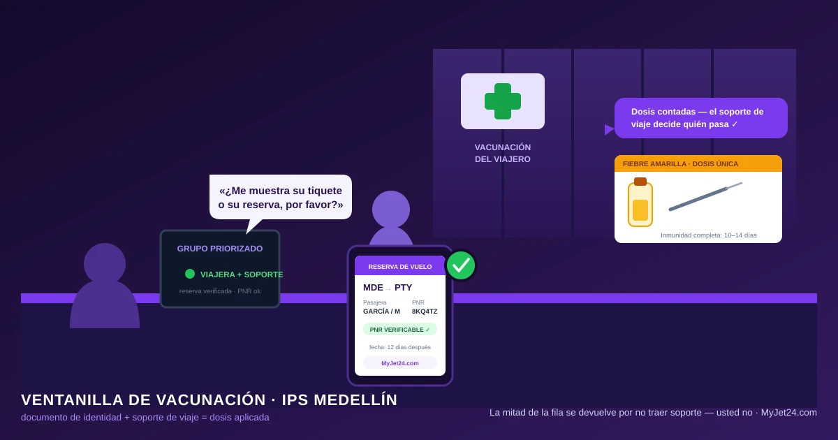 Ventanilla de vacunación en una IPS de Medellín: la funcionaria pregunta por el tiquete y la viajera muestra una reserva de vuelo verificable con código PNR en el celular