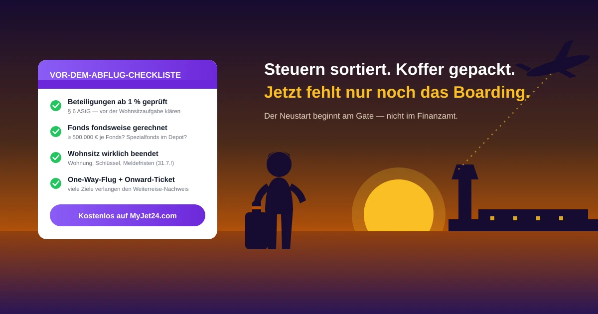 Abflug in den Neustart — Sonnenuntergang am Flughafen mit Koffer und Checkliste: Beteiligungen geprüft, Fonds fondsweise gerechnet, Meldefristen notiert, Onward-Ticket bereit