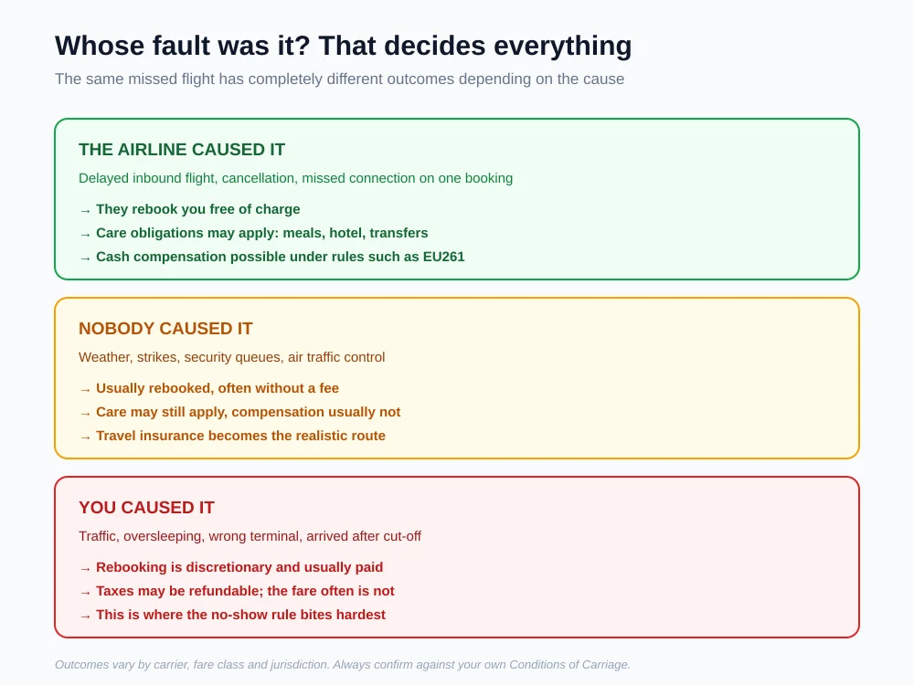 Matrix comparing outcomes when a missed flight is the airline's fault, nobody's fault, or the passenger's fault, including rebooking, care and compensation