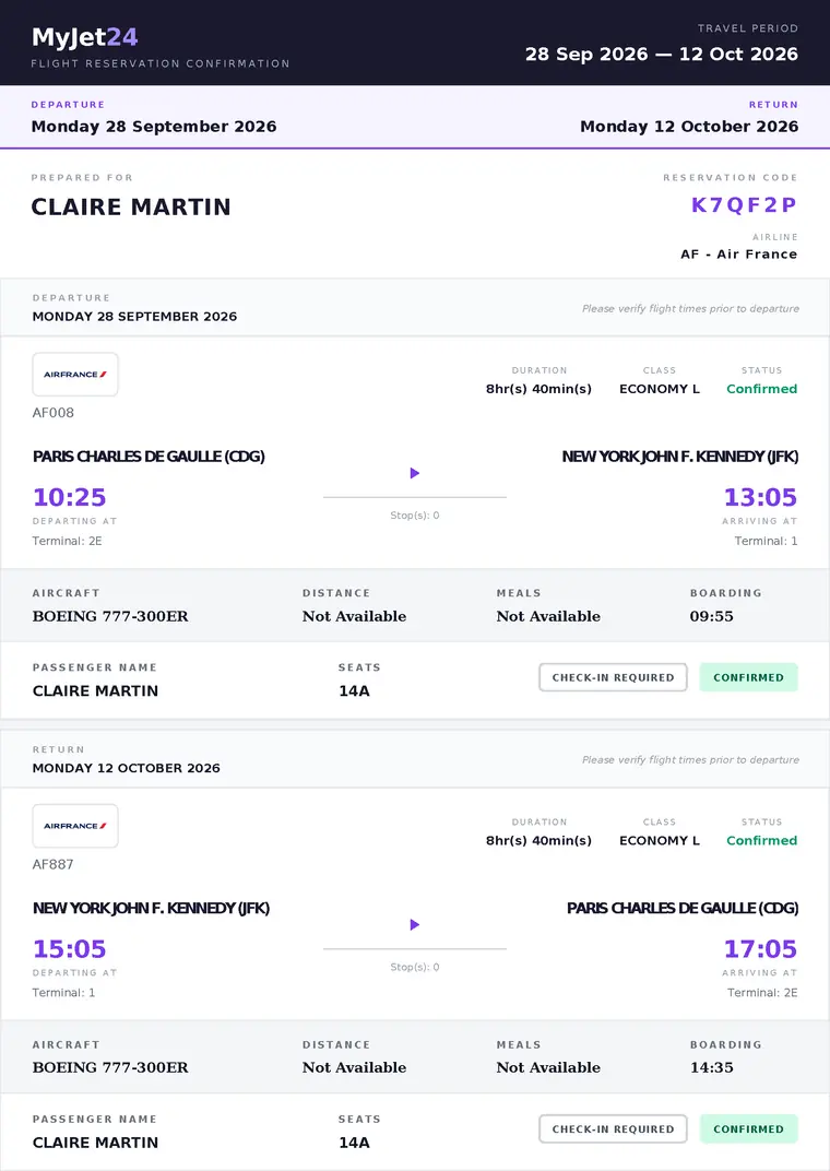 Beispiel-PDF eines Dummy-Tickets für den Visumantrag Frankreich — Flugreservierung mit PNR und QR-Code