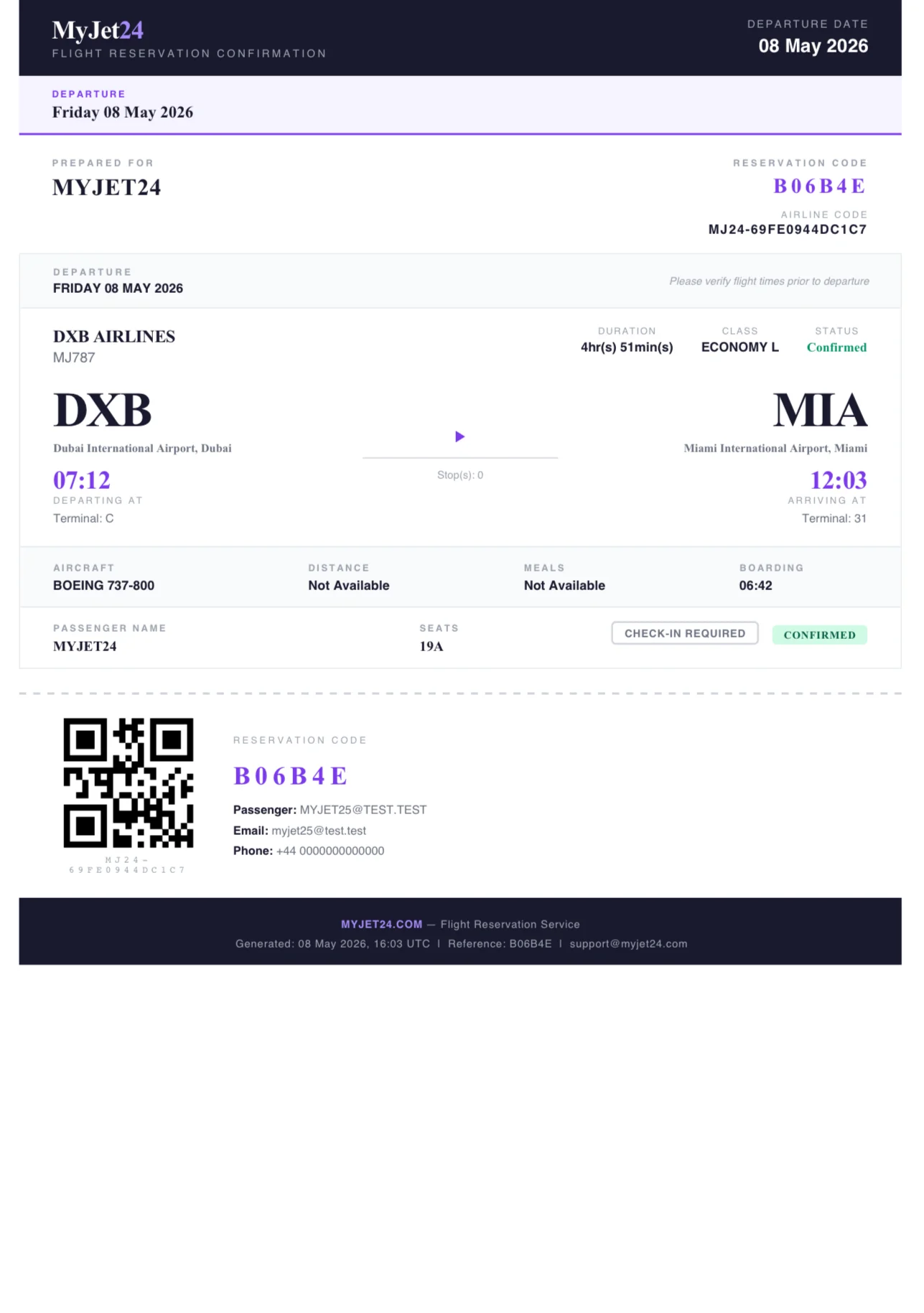 Sample onward ticket PDF for France — flight reservation with PNR and QR code