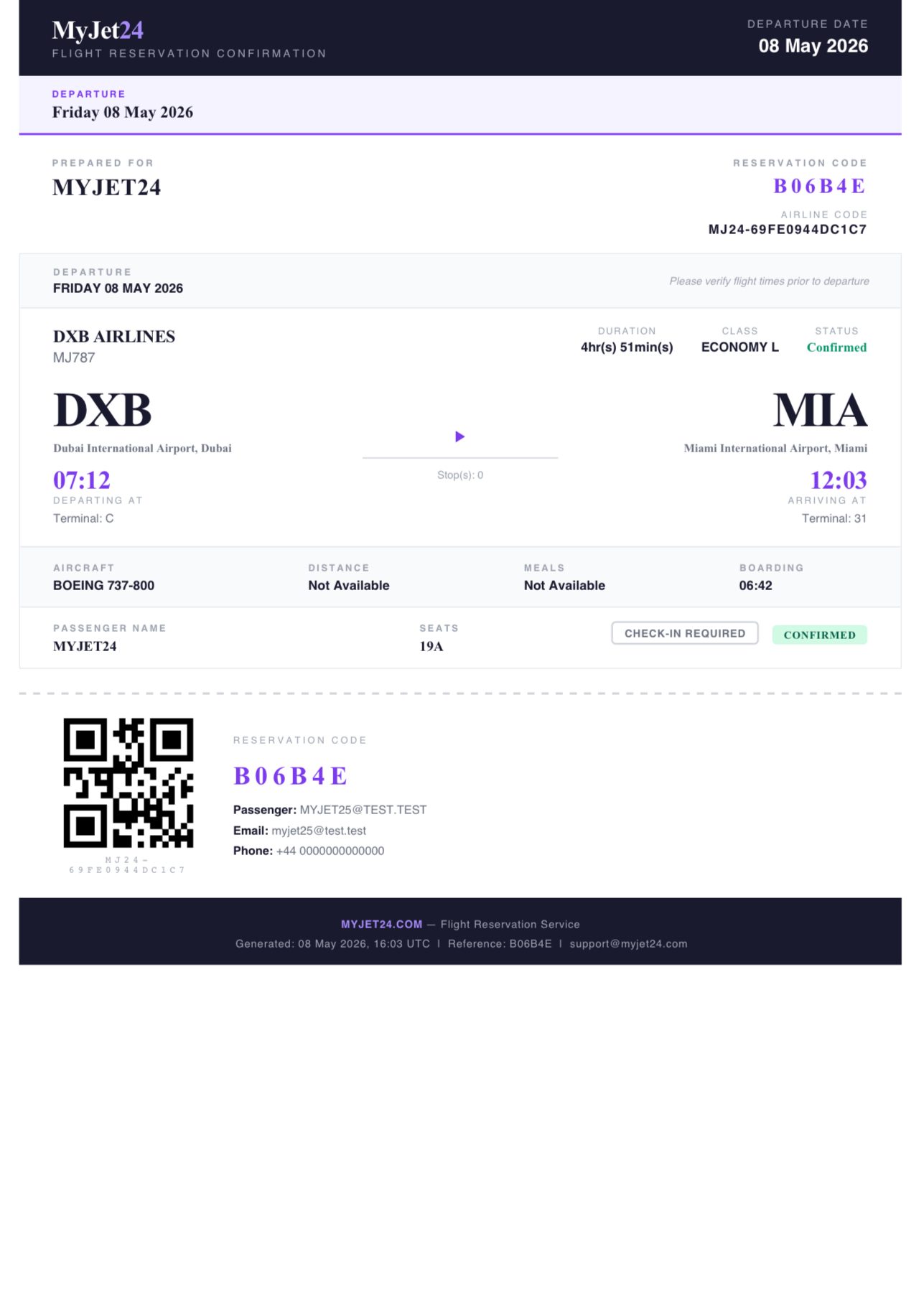 Sample MyJet24 dummy ticket PDF — free flight reservation showing booking reference, passenger name, route and travel dates