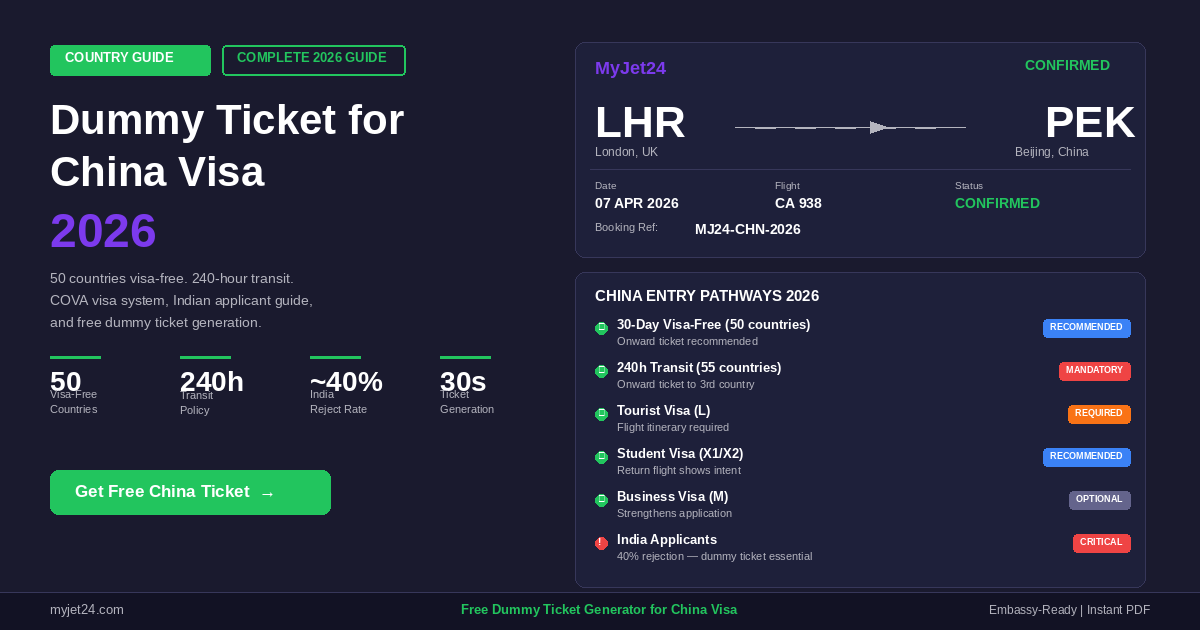 Dummy ticket for China visa 2026 showing Great Wall, pagoda, airplane and travel documents representing China entry requirements