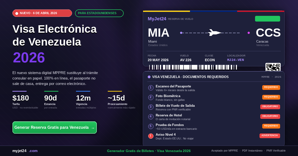 Visa electrónica de Venezuela 2026 para ciudadanos estadounidenses mostrando sistema MPPRE en línea, reserva de vuelo de Miami (MIA) a Caracas (CCS) y documentos requeridos