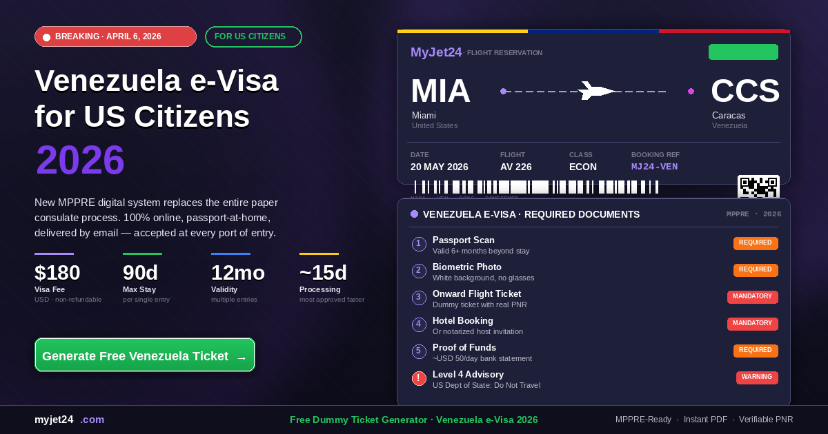 Venezuela e-Visa 2026 for US citizens showing MPPRE online system checklist, dummy ticket from Miami (MIA) to Caracas (CCS) and required documents