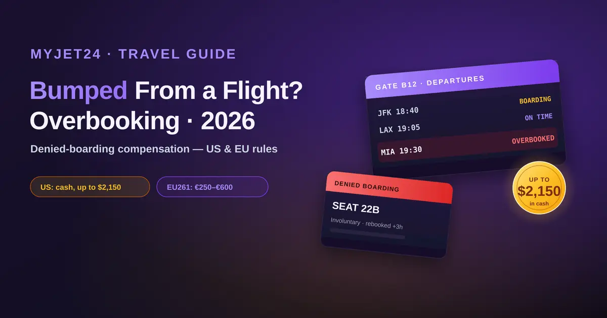 Bumped from a flight 2026 — an overbooked departure board and denied-boarding pass with a gold up-to-$2,150 cash badge; US and EU overbooking compensation rules