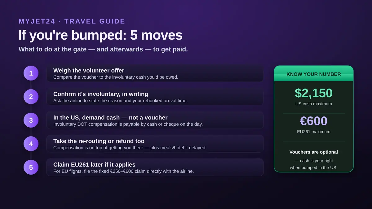 Five moves if you are bumped from a flight: weigh the volunteer offer against involuntary cash, confirm in writing it was involuntary, demand cash not a voucher in the US, take the re-routing or refund and care too, and claim EU261 later if it applies