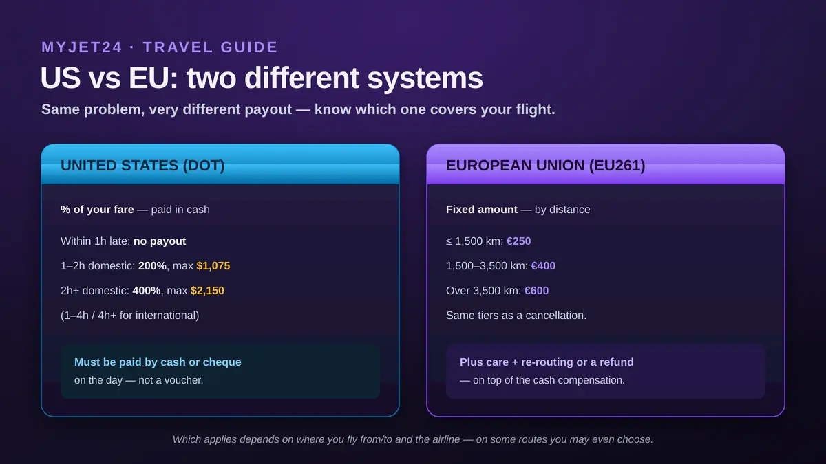 US versus EU denied boarding compensation: the US pays a percentage of fare in cash up to $1,075 or $2,150, while EU261 pays a fixed €250, €400 or €600 by distance plus care and re-routing