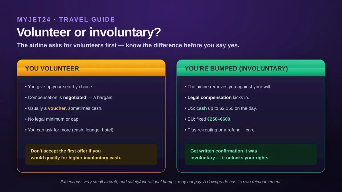Voluntary versus involuntary bumping: volunteering is a negotiation with no legal minimum, usually a voucher; involuntary denied boarding triggers legal compensation — US cash up to $2,150 or EU261 €250 to €600 — plus re-routing or refund and care