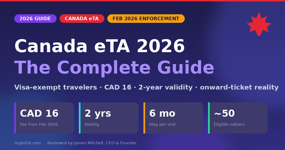 Canada eTA 2026 complete guide hero — CAD 16 fee, two-year validity, application steps and onward travel proof