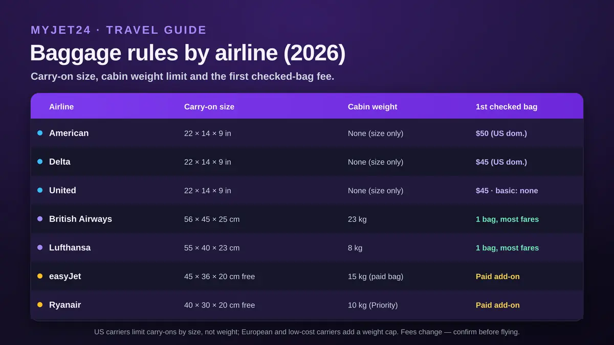Baggage comparison table for 2026: American, Delta and United allow a 22 by 14 by 9 inch carry-on with no cabin weight limit and charge $45 to $50 for the first checked bag; British Airways and Lufthansa cap cabin weight at 23 and 8 kilograms and include a bag on most fares; easyJet and Ryanair have small free cabin bags and paid checked add-ons