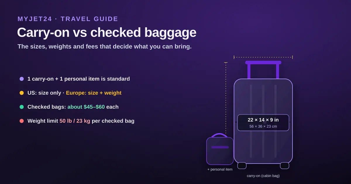 Carry-on vs checked baggage 2026 — a measured carry-on suitcase and personal item with standard sizes, weights and checked-bag fees