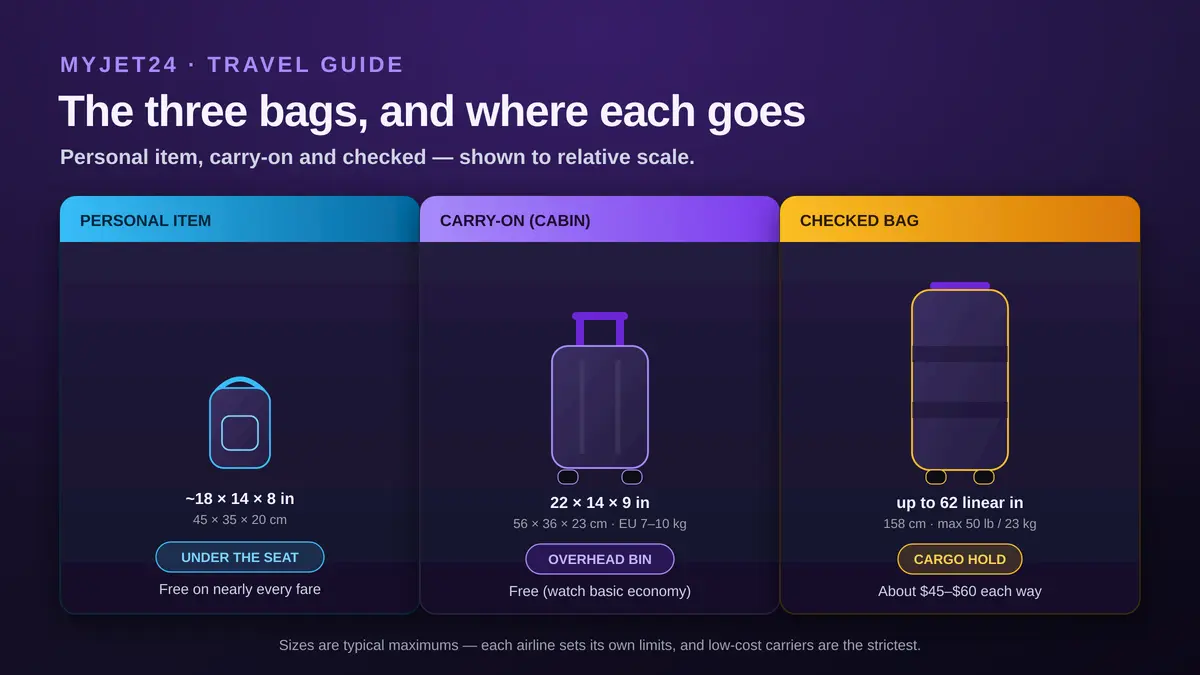 Three bags to relative scale: a personal item of about 18 by 14 by 8 inches goes under the seat, a carry-on of 22 by 14 by 9 inches goes in the overhead bin, and a checked bag up to 62 linear inches and 50 pounds goes in the cargo hold