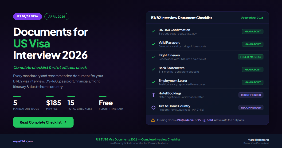 Documents required for US B1 B2 visa interview 2026 — complete checklist showing DS-160, passport, photo, bank statements, flight itinerary and supporting documents for US tourist and business visa applications