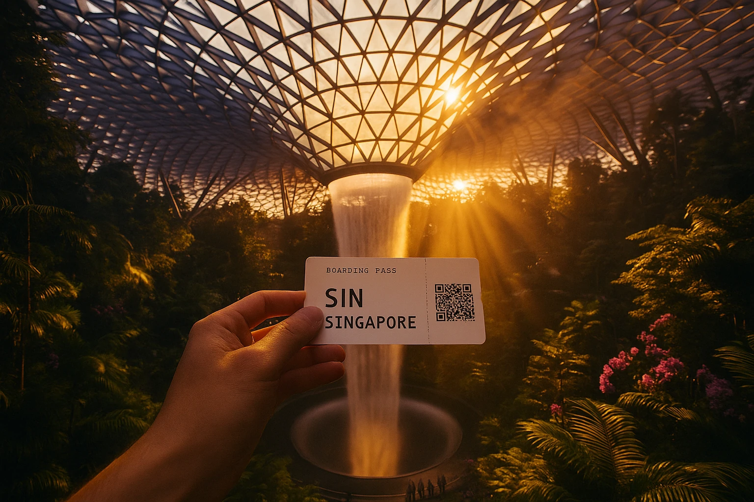 Changi Airport Singapore interior — traveler holding boarding pass with onward ticket for Singapore immigration 2026