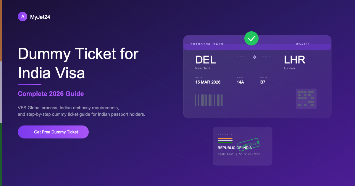 Dummy ticket for India visa application guide showing flight reservation from Delhi to London with Indian passport and approved visa stamp