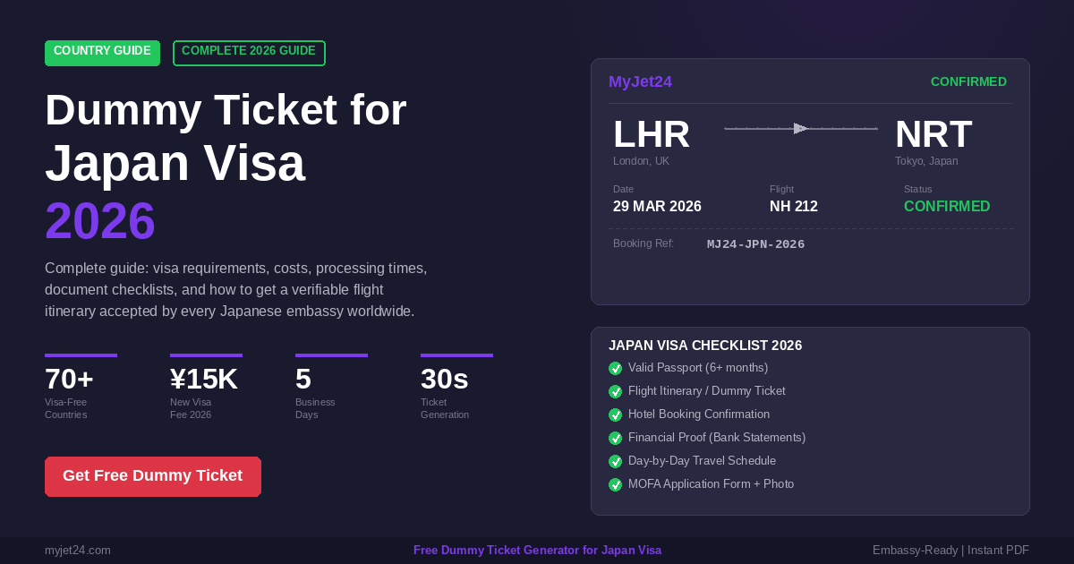Dummy ticket for Japan visa with cherry blossoms, torii gate, and airplane representing Japan travel for visa applications