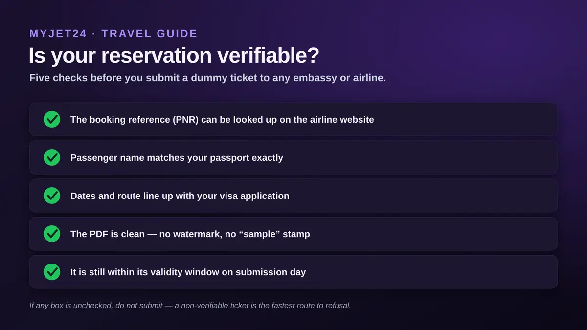 Checklist: is your dummy ticket verifiable? The PNR can be looked up on the airline website, passenger name matches passport, dates and route match the visa application, the PDF is clean with no watermark, and it is still within its validity window