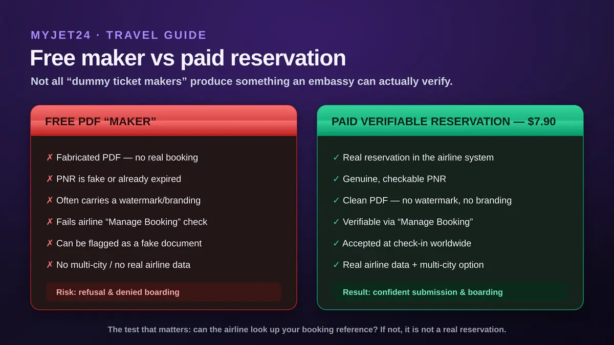 Free dummy ticket maker vs paid verifiable reservation: free PDF makers produce fabricated, watermarked documents with fake or expired PNRs that fail the airline check; the paid $7.90 reservation is a real booking with a genuine checkable PNR, no watermark and multi-city support