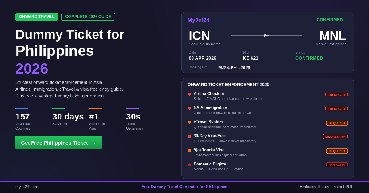 Dummy ticket for Philippines 2026 showing ICN Seoul to MNL Manila flight reservation with confirmed status, onward ticket enforcement overview including airline check-in, NAIA immigration, eTravel system, visa-free entry requirements, and step-by-step guide for proof of onward travel