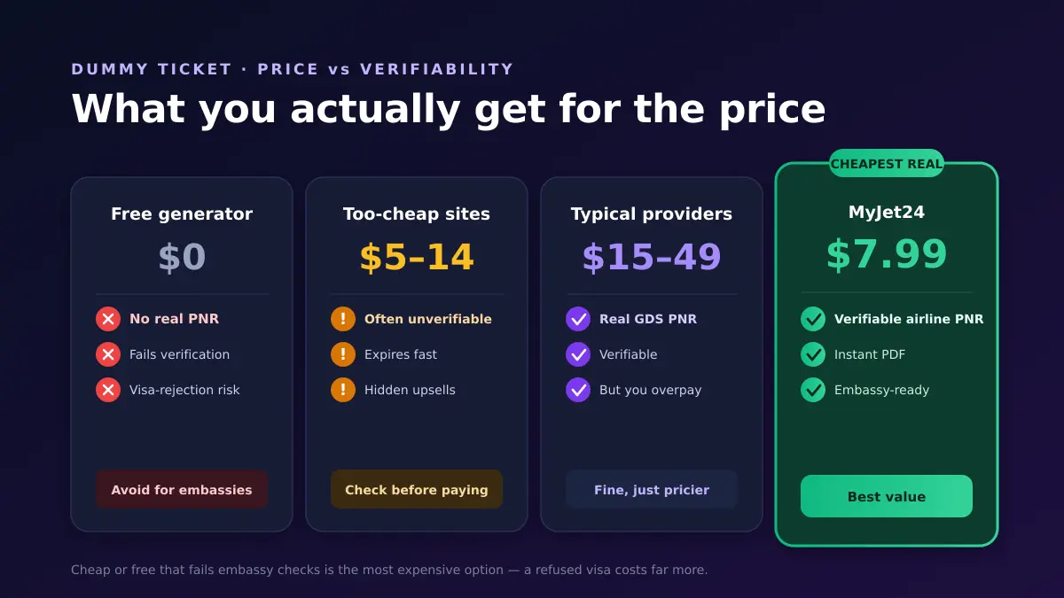 Dummy ticket price comparison 2026: free generator with no real PNR, too-cheap $5-14 sites often unverifiable, typical providers $15-49 verifiable, and MyJet24 at $7.99 the cheapest verifiable PNR
