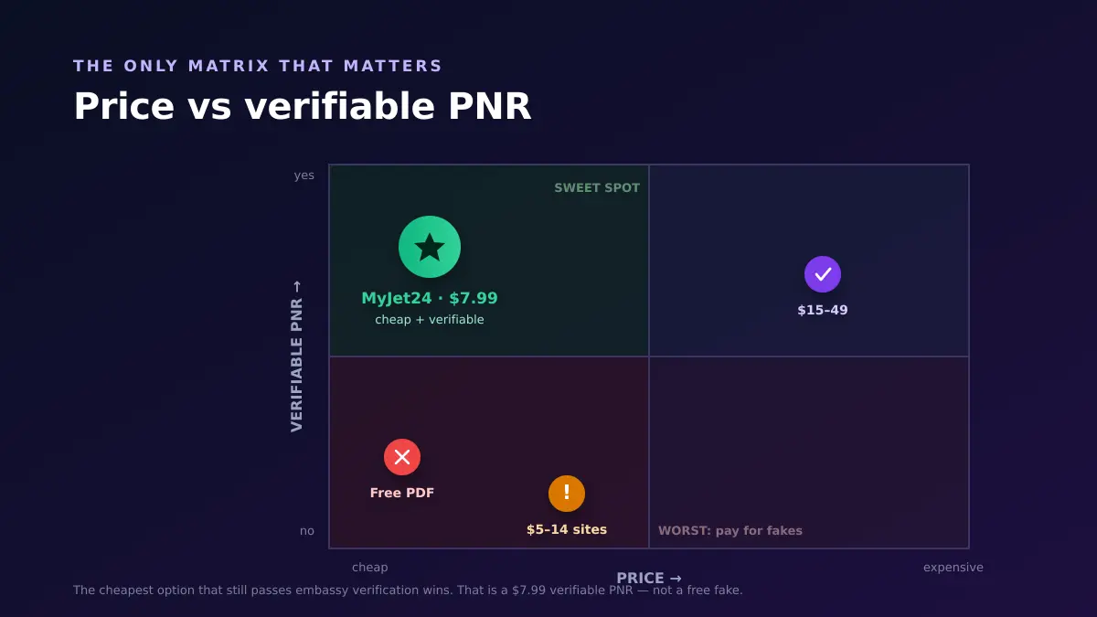 Price versus verifiable PNR matrix showing free PDFs and $5-14 sites as cheap but unverifiable, $15-49 providers as verifiable but expensive, and MyJet24 $7.99 in the sweet spot of cheap and verifiable