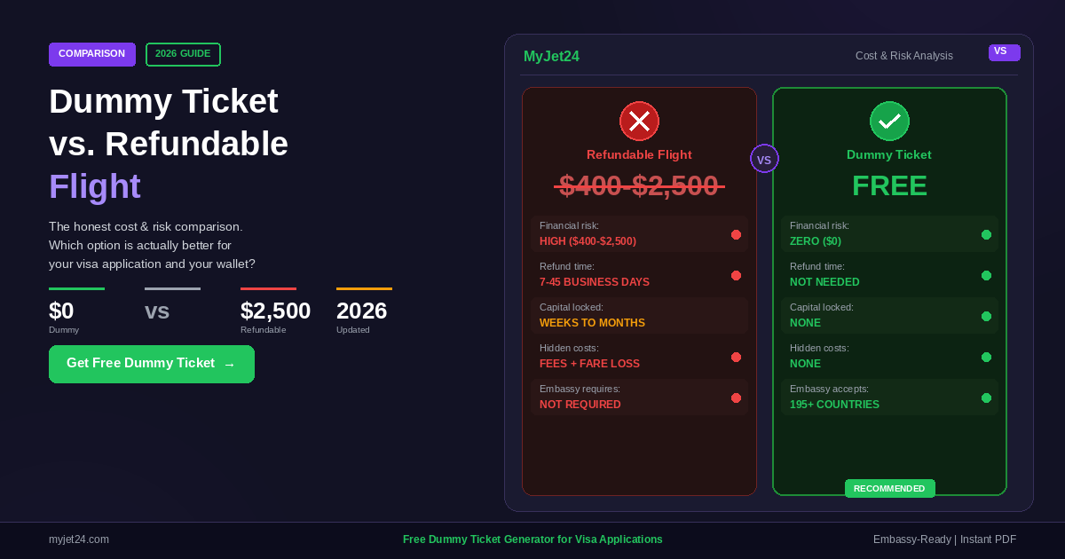 Comparison of dummy ticket vs refundable flight for visa applications showing cost and risk analysis