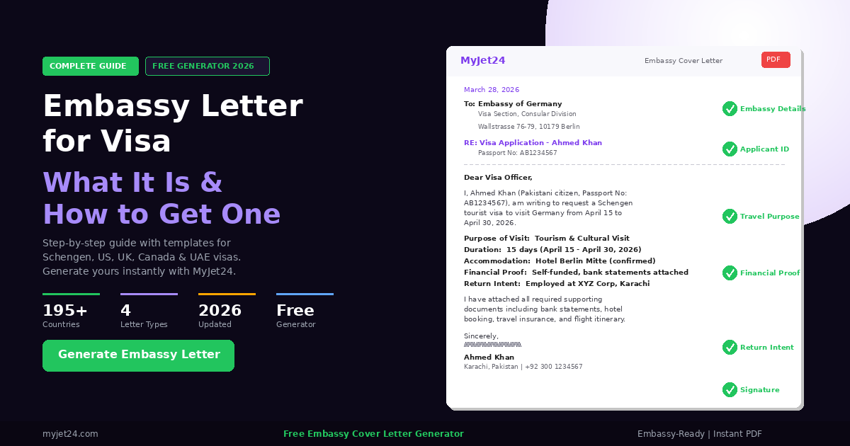 Embassy letter for visa 2026 - Complete guide showing how to write embassy cover letters for Schengen, US, UK, Canada visa applications with MyJet24