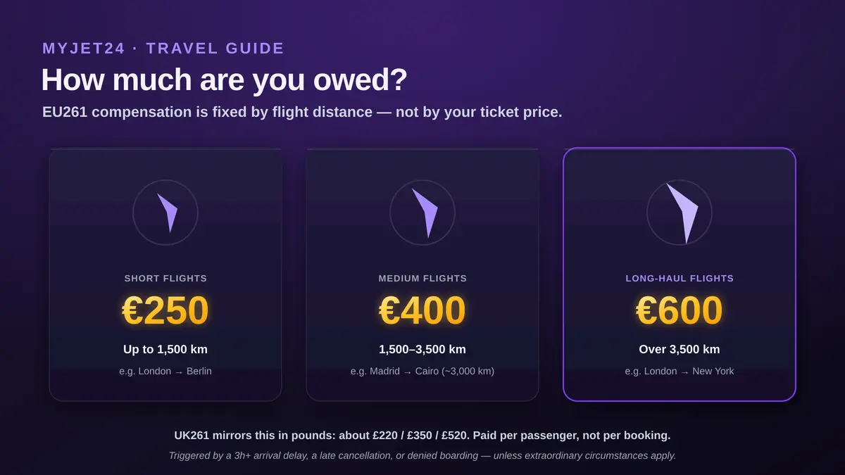 EU261 flight delay compensation amounts by distance: €250 for flights up to 1,500 km, €400 for 1,500–3,500 km, €600 for over 3,500 km; UK261 mirrors this at about £220, £350 and £520, paid per passenger