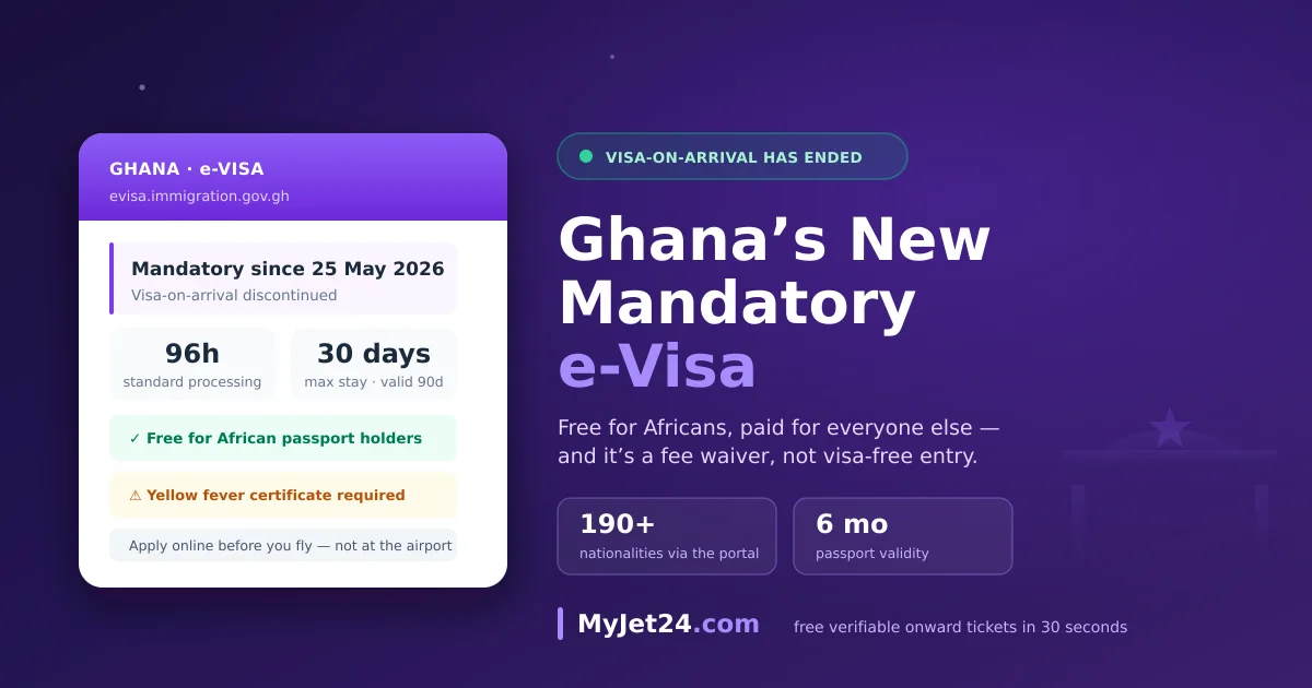 Ghana's mandatory e-Visa launched 25 May 2026, ending visa-on-arrival — with visa fees waived for African passport holders